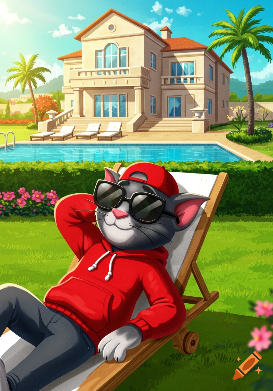 Cartoon cat in red hoodie and sunglasses relaxing on a lawn chair by a luxury villa and pool on a sunny day.