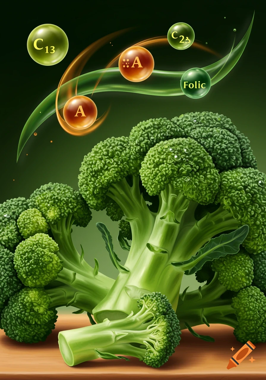 Close-up of fresh broccoli with floating spheres representing vitamins C, A, and folic acid, on a wooden surface against a dark green background.