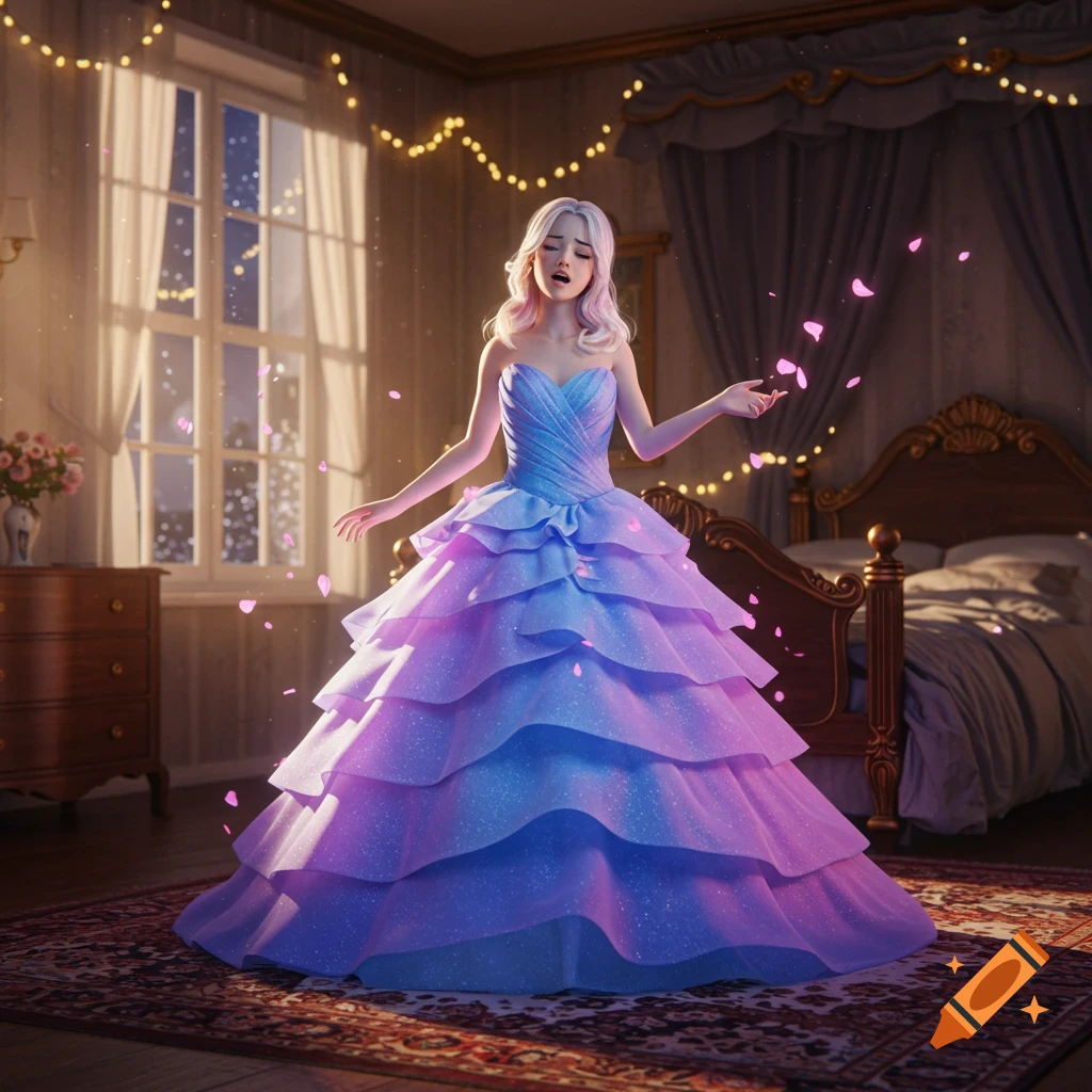 A 3D rendered young woman in a sparkly, layered blue and purple gown singing in a bedroom with falling pink petals and string lights.