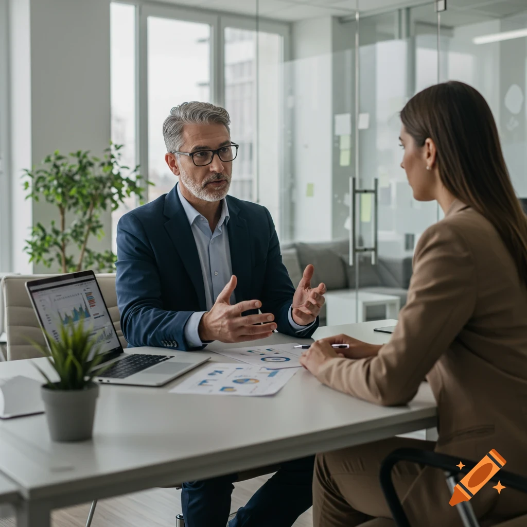 A grey-haired man in a suit gestures while talking to a woman in a tan suit across a desk in a modern office.