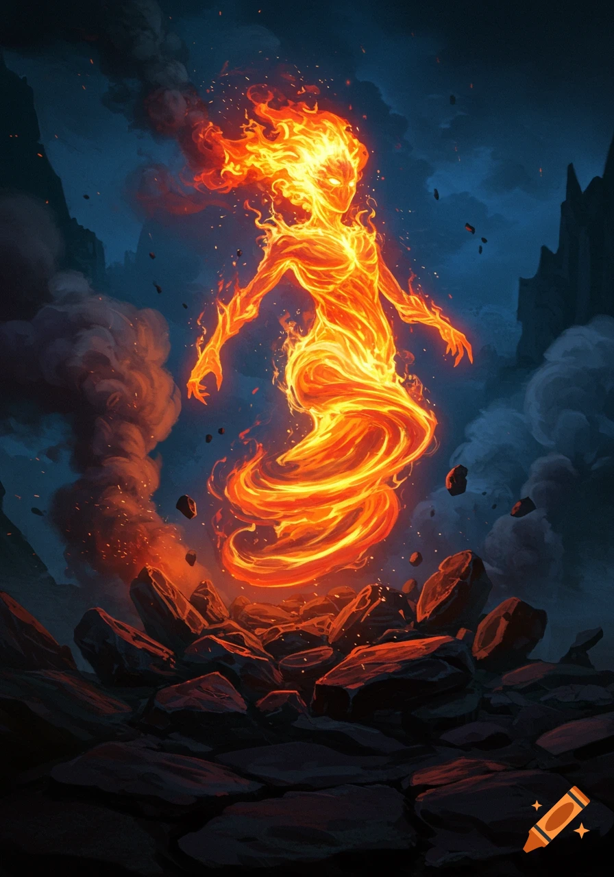 A glowing fire elemental with a humanoid form rises from a rocky landscape with smoke against a dark sky, fantasy art.