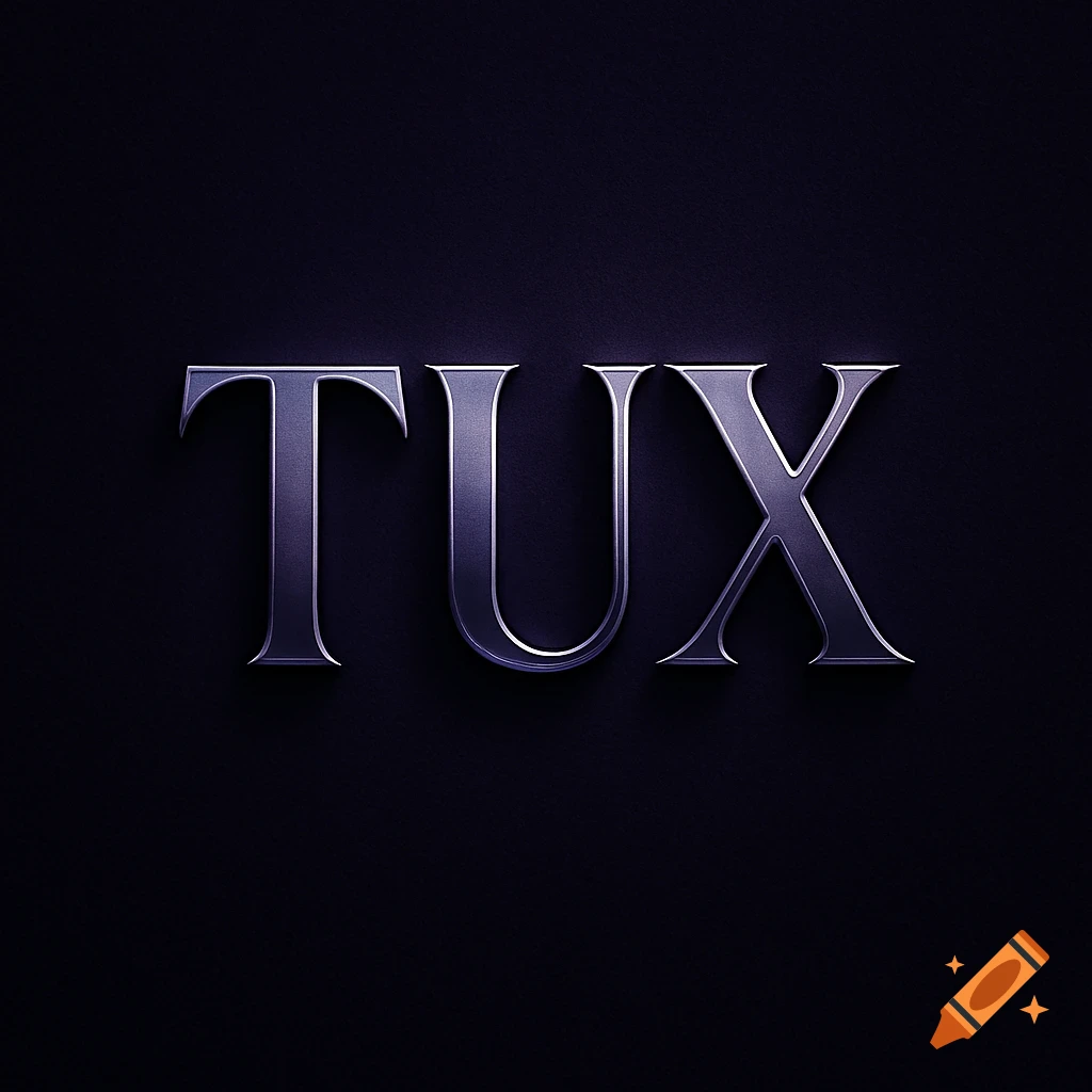 The word "TUX" in metallic silver-purple letters on a dark textured background.