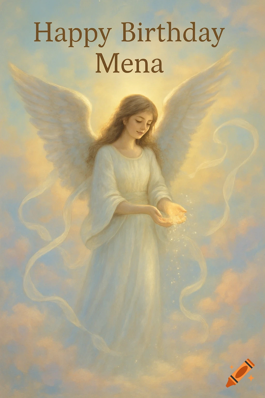 Painting of a winged angel in white, standing in clouds, holding sparkling light, with 'Happy Birthday Mena' text.