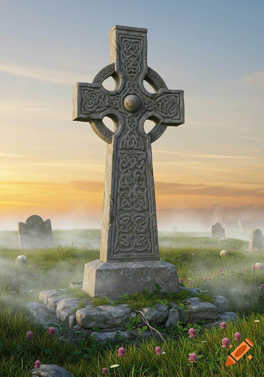 Photorealistic stone Celtic cross in a misty graveyard with other tombstones at sunrise.