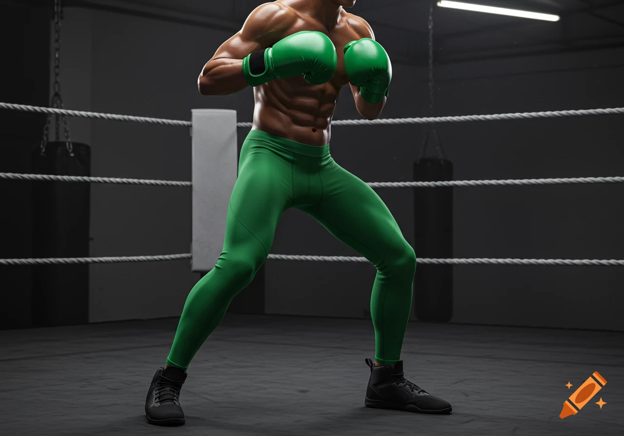 A muscular man in green boxing gloves and compression pants stands in a boxing ring in a photorealistic style.
