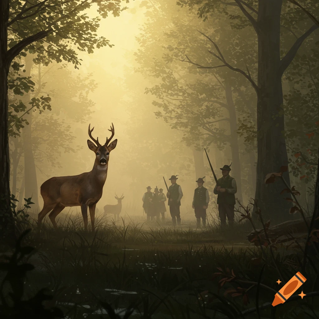 A roe deer stands prominently in a misty, golden forest, with a group of hunters visible in the background, in a painterly style.