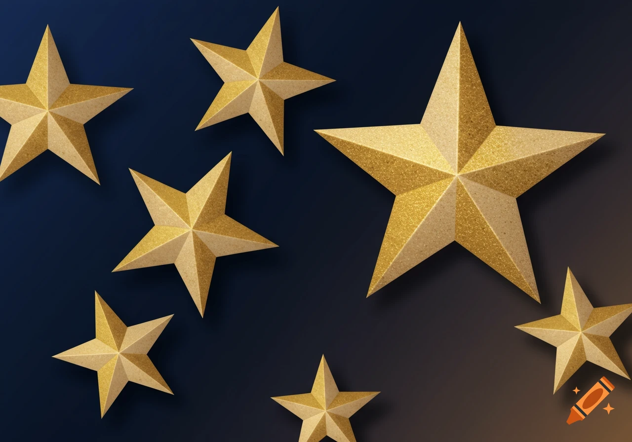 Several gold and beige textured stars with sharp edges, casting shadows on a dark blue and black gradient background.