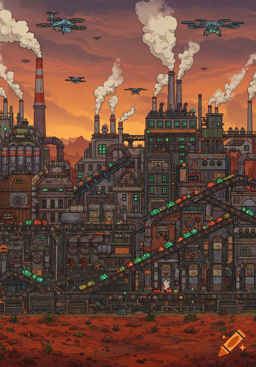 A detailed, cartoonish illustration of a sprawling industrial factory complex with smokestacks, conveyor belts moving colorful cargo, and drones flying in an orange sky.