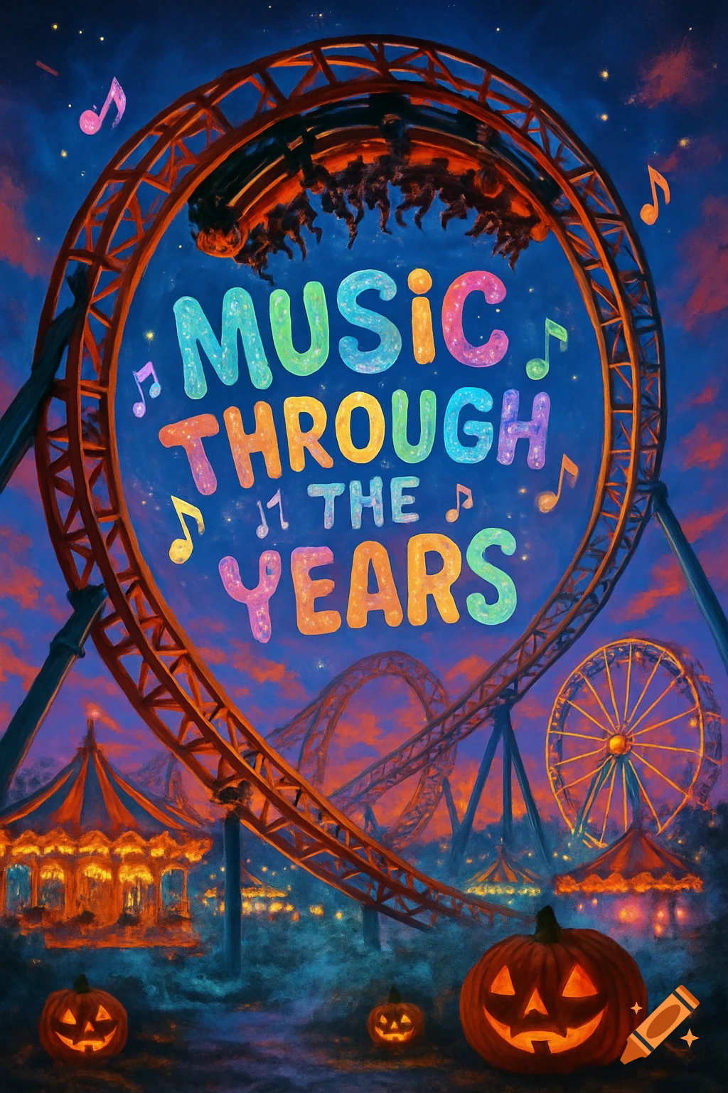 A colorful, illustrative night scene at a Halloween-themed amusement park. An upside-down roller coaster frames the text 'MUSIC THROUGH THE YEARS', with jack-o'-lanterns, a carousel, and a Ferris wheel.