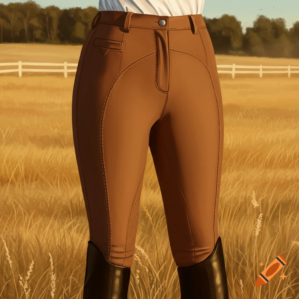 A person wearing brown jodhpurs and black riding boots stands in a golden field with a white fence and trees in the background.