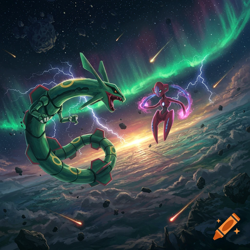 Rayquaza and Deoxys battle amidst meteors and lightning in a vibrant ...