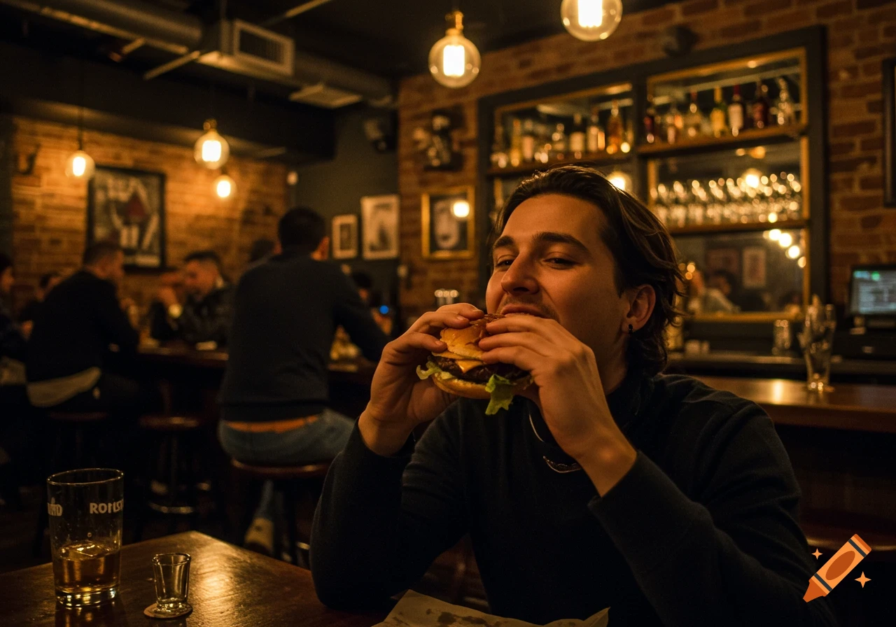 A man eats a hamburger in a dimly lit bar, with other patrons and a bar counter in the background.