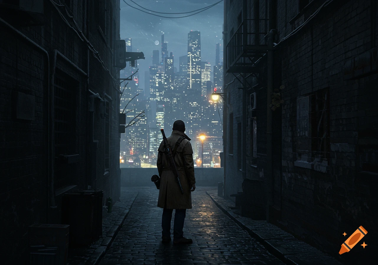 A figure in a trench coat and balaclava stands in a dark alley, looking out at a futuristic, brightly lit cityscape under a cloudy sky.