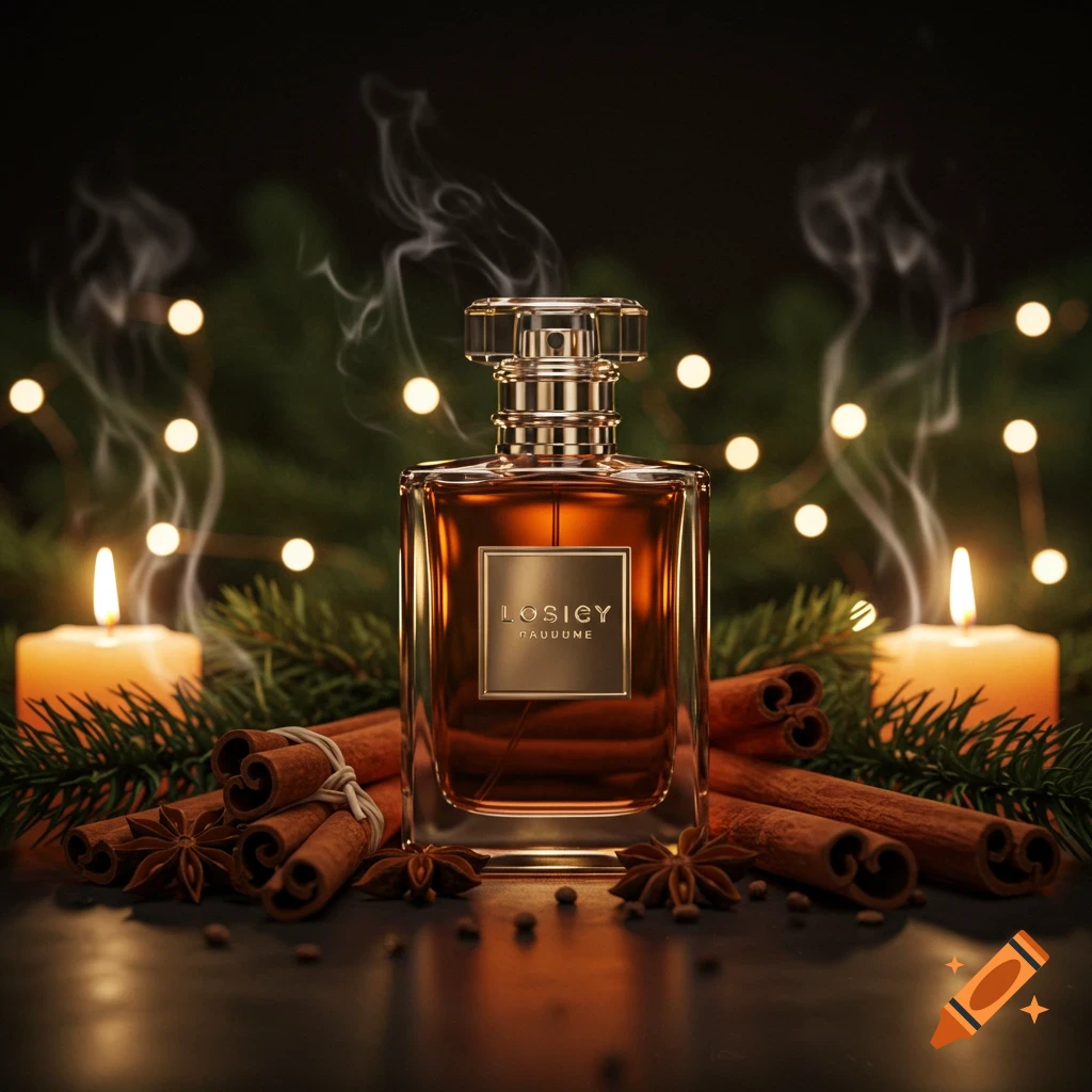 A photorealistic image of a perfume bottle surrounded by cinnamon sticks, star anise, candles, pine branches, and festive lights.