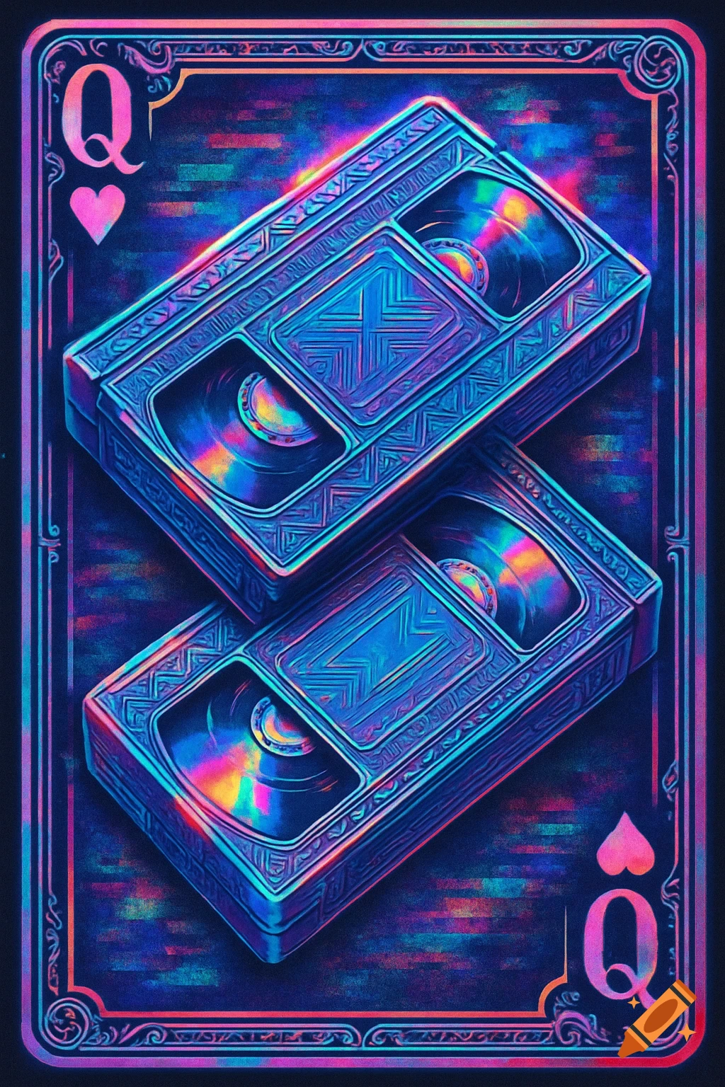 A neon vaporwave-style queen playing card featuring two VHS tapes set diagonally, with vibrant blues, purples, and pinks.