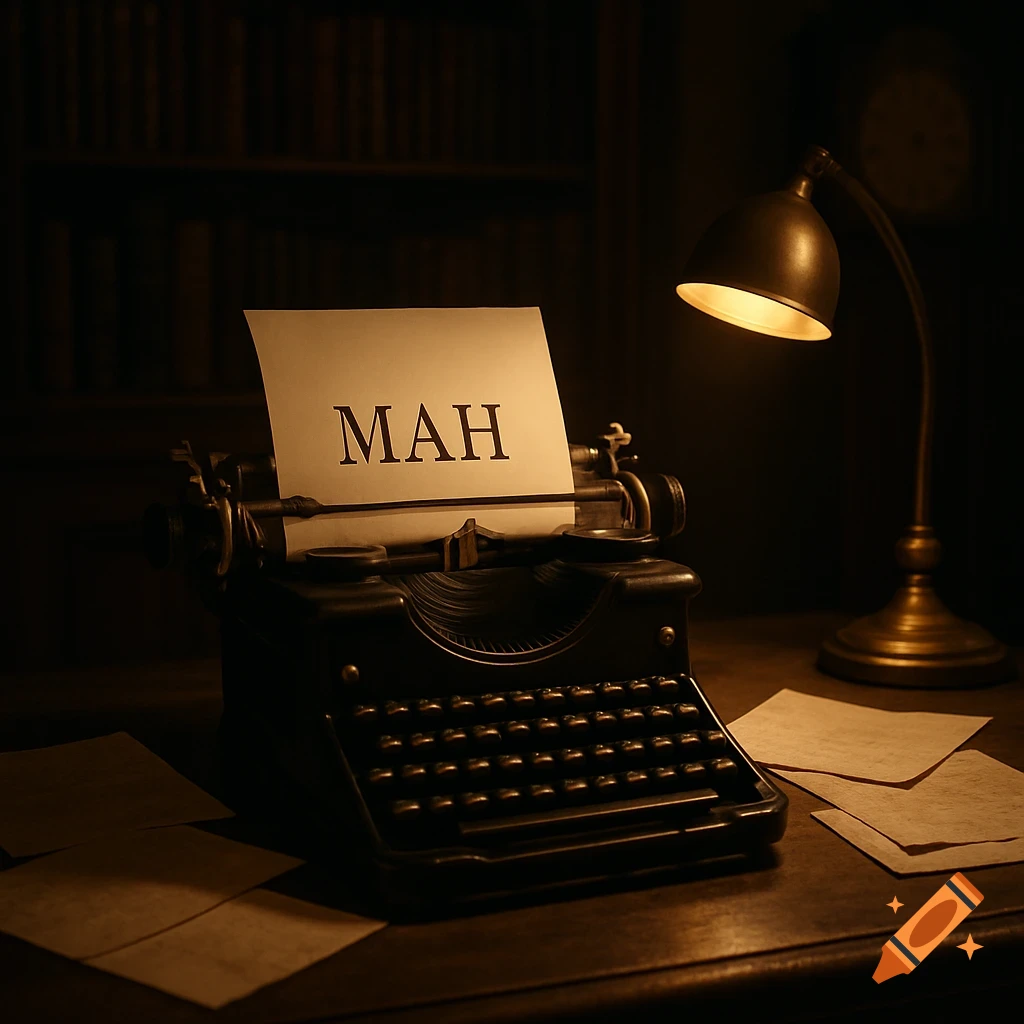 A vintage typewriter with a sheet of paper saying "MAH" under the warm light of a desk lamp in a dark room.