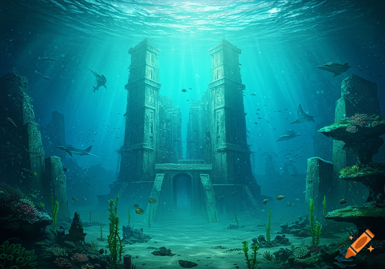 Deep underwater scene with majestic, sun-drenched ancient ruins resembling Atlantis, surrounded by coral and marine life.