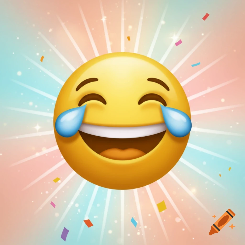 A 3D rendering of a yellow face with tears of joy emoji, on a pastel pink and blue background with radiating light and confetti.