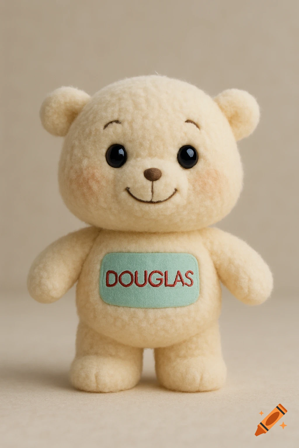 A cute cream-colored plush teddy bear with rosy cheeks, a friendly smile, and 'DOUGLAS' embroidered on its chest.