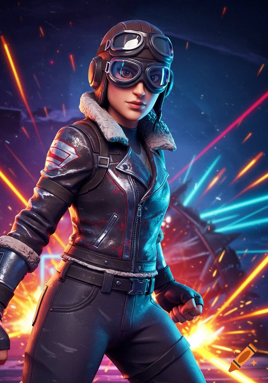 A stylized female Fortnite character in a pilot's hat, goggles, and leather jacket, against a dynamic background of glowing lines.