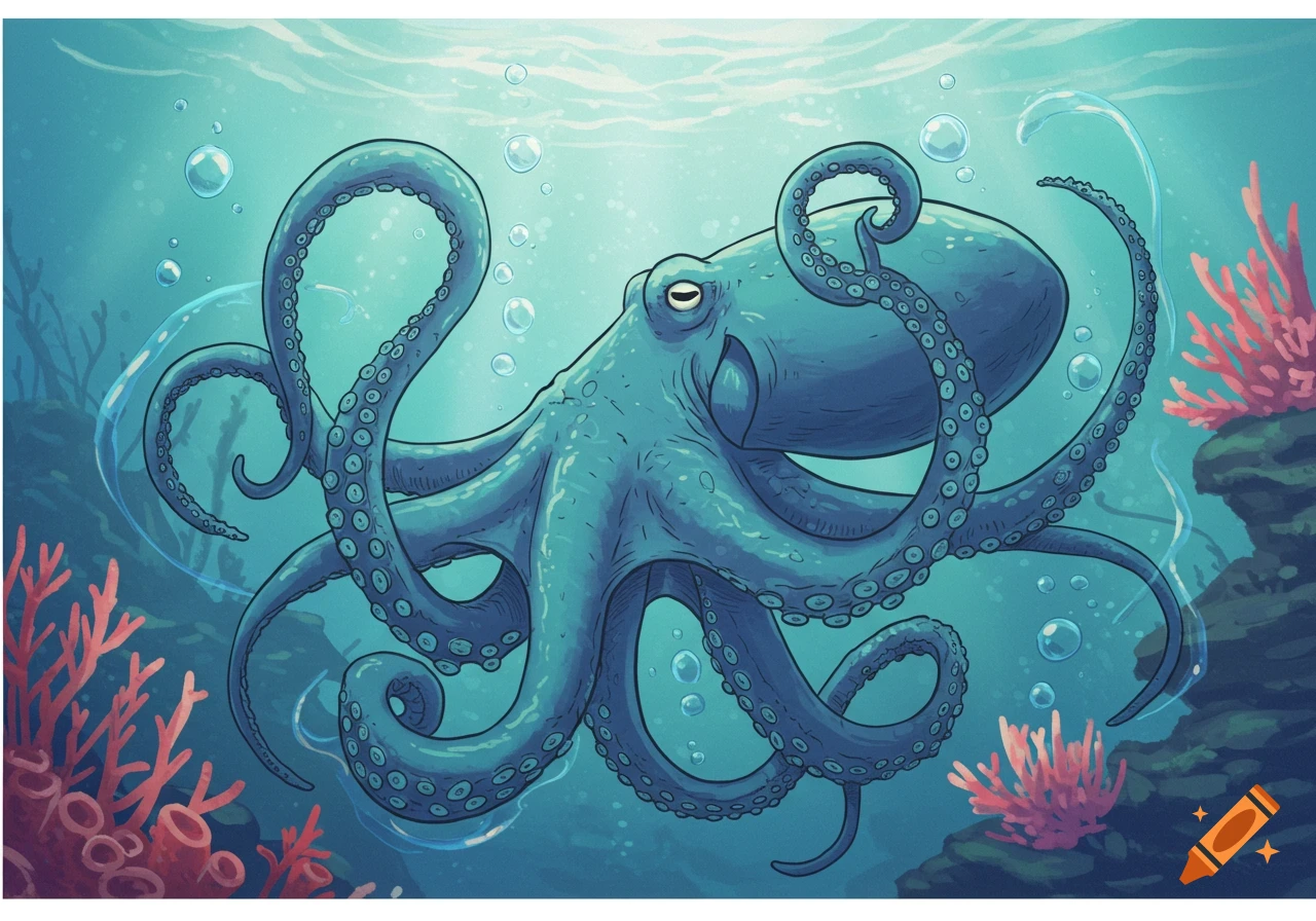 A cartoon illustration of a blue octopus swimming underwater surrounded by bubbles and red coral.