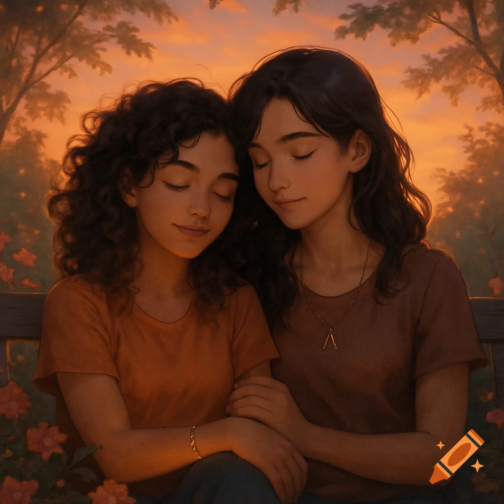 Two young girls with dark hair and closed eyes sit together affectionately in a soft, sunset-lit garden. One wears a braided bracelet, the other a necklace with an angular pendant.