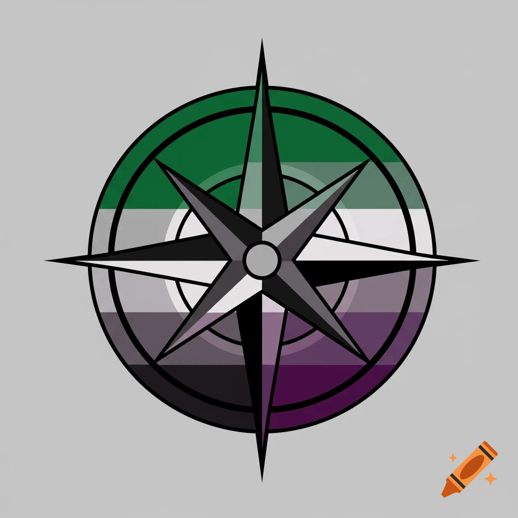 A compass rose symbol featuring horizontal bands of dark green, light green, white, gray, black, and purple, representing aromantic and asexual pride.