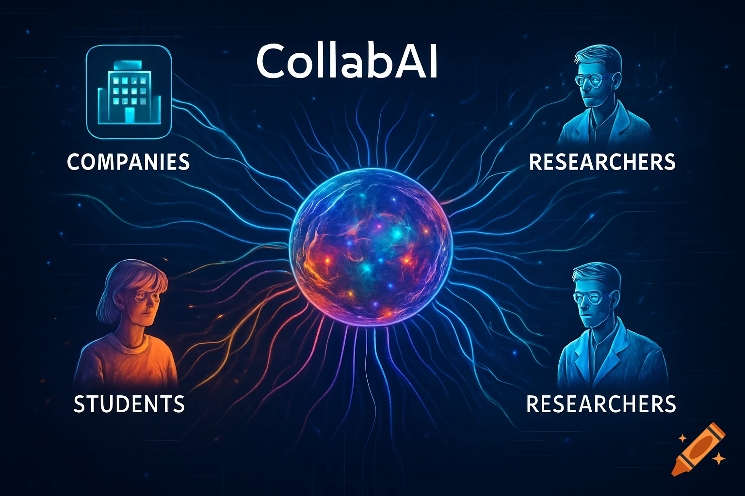A vibrant digital illustration titled 'CollabAI,' showing a central glowing orb connected to icons for companies, students, and researchers.
