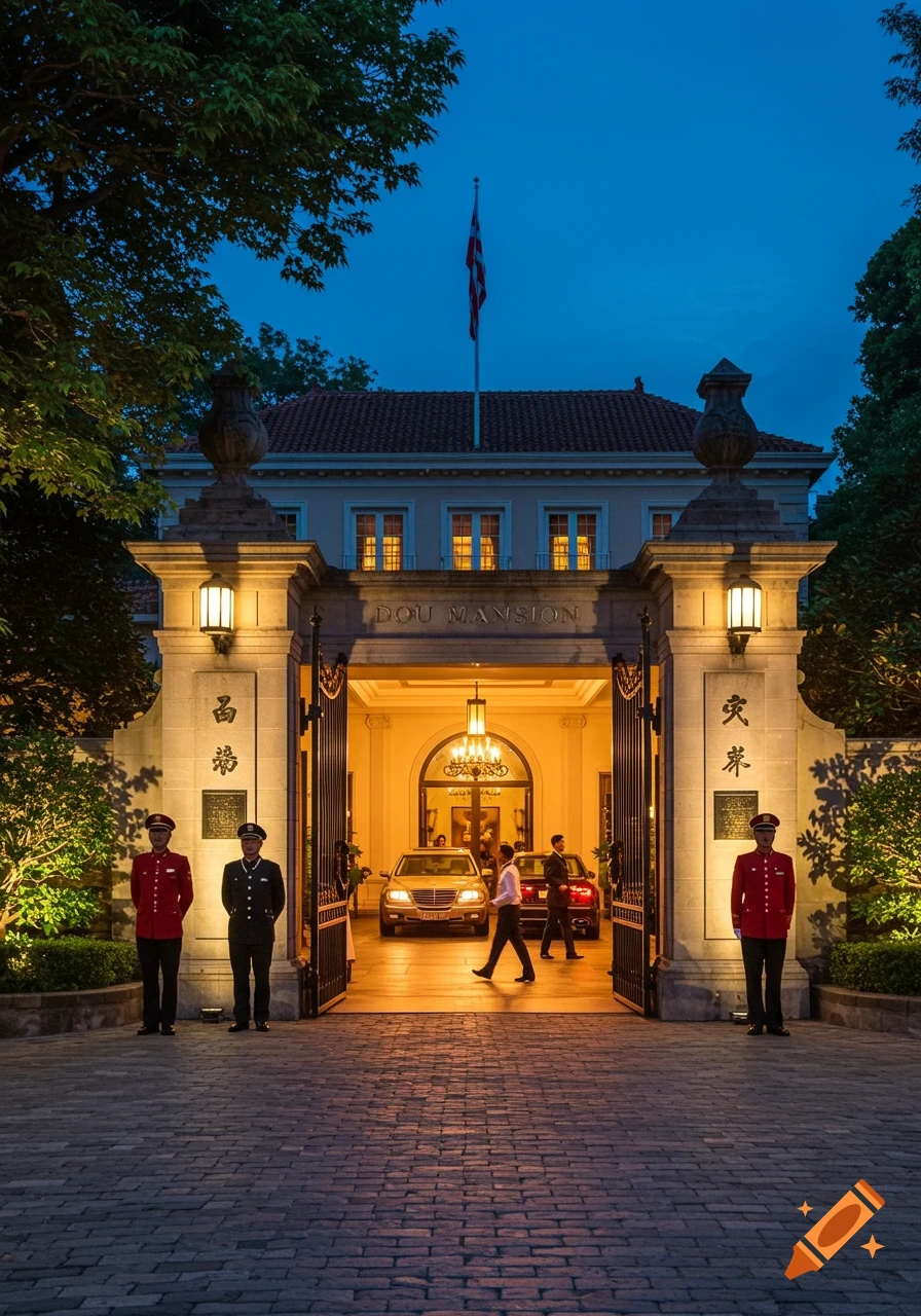 A grand mansion entrance, 'Dou Mansion', illuminated at night with guards, a doorman, and cars.