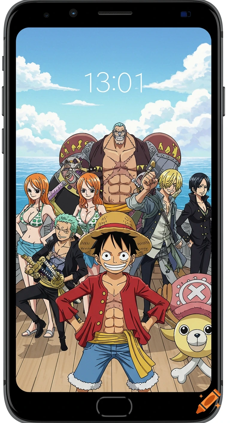 A phone displaying a colorful anime wallpaper of the One Piece pirate crew, with Monkey D. Luffy in the foreground and a digital clock '13:01' at the top.