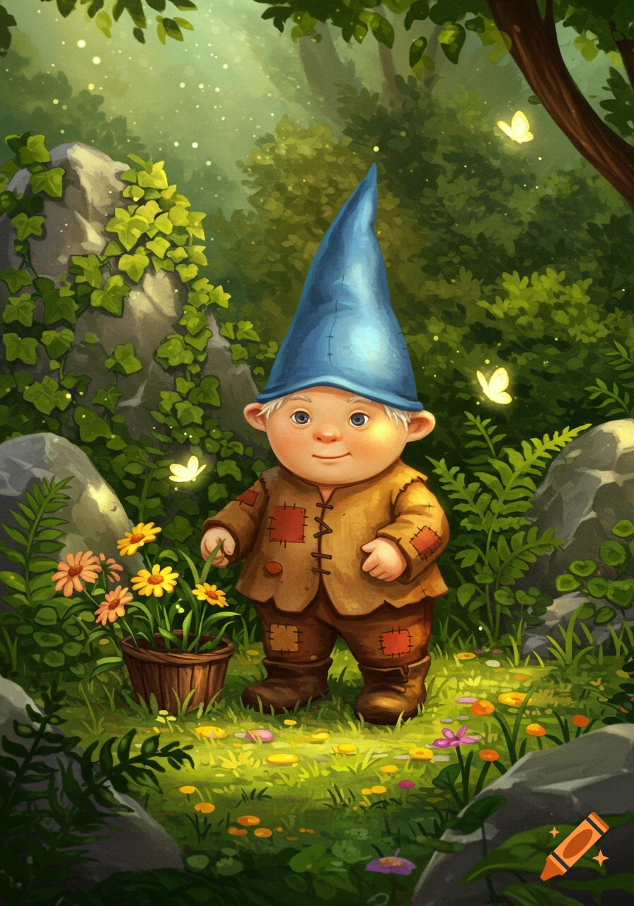 A cute, stylized gnome with a blue pointed hat and patched brown outfit stands in a lush forest with flowers and butterflies.