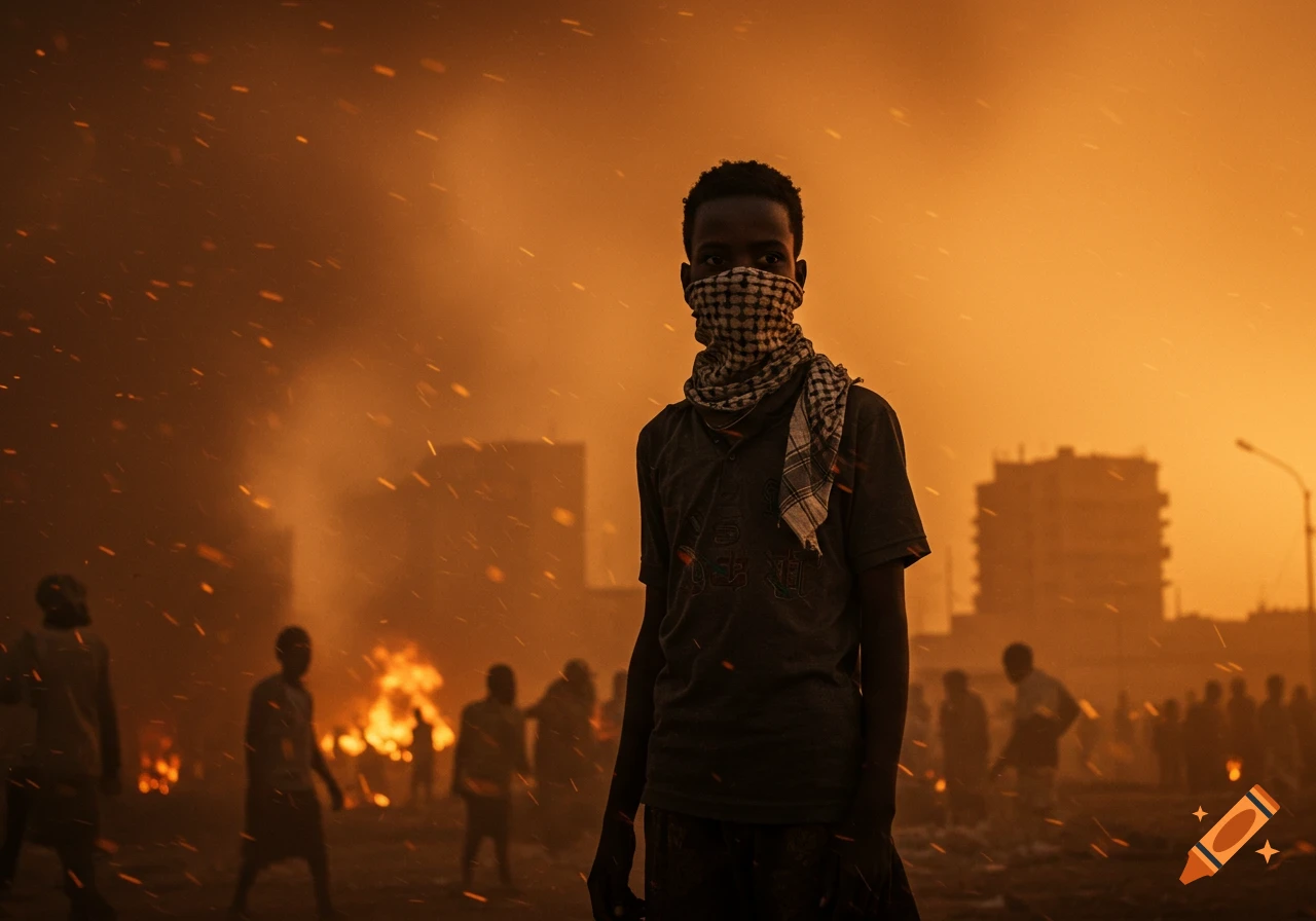 A photorealistic image of a young person with a covered face standing amidst smoke, fires, and a crowd in an urban setting.