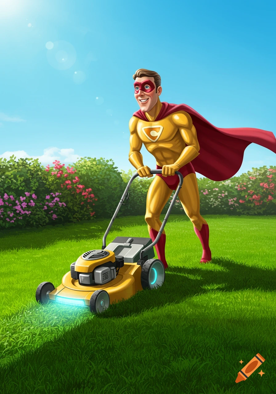 A muscular male superhero in a gold and red suit with a 'C' emblem on his chest smiles while mowing a green lawn with a yellow lawnmower, cartoon style.