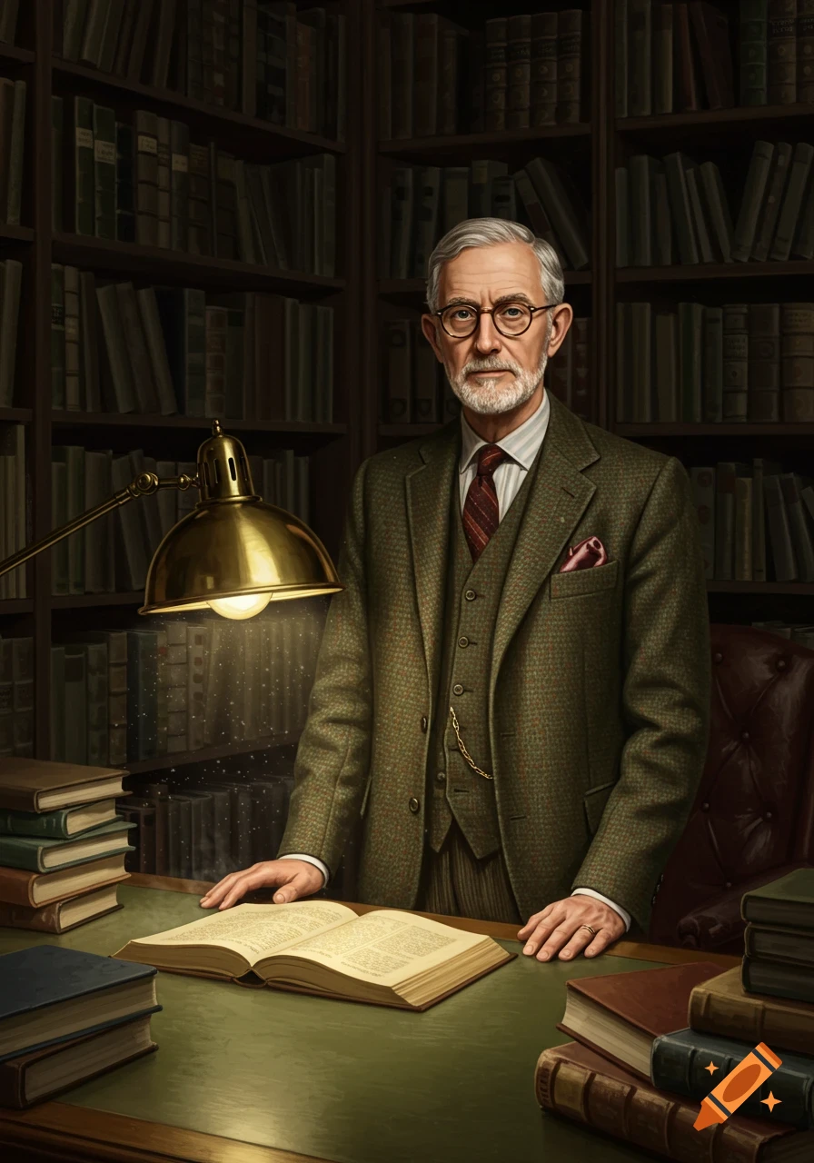 A photorealistic portrait of an older, distinguished man with a beard and glasses, standing at a desk with an open book in a dimly lit library.