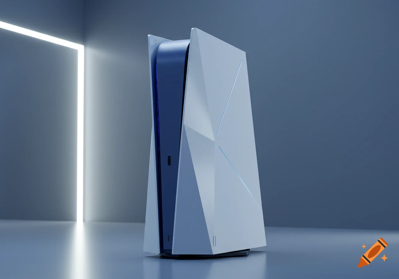 A futuristic white and blue video game console with a geometric design, standing in a minimalist room with a glowing vertical light.