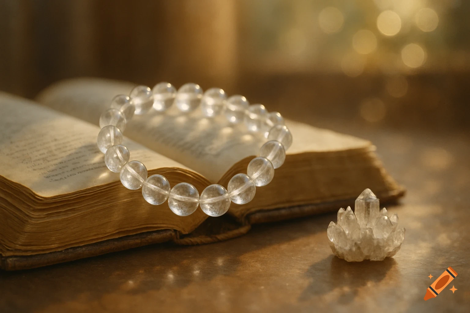 A clear quartz bracelet draped over an open ancient book with a small raw crystal cluster beside it, bathed in warm morning sunlight with soft bokeh.