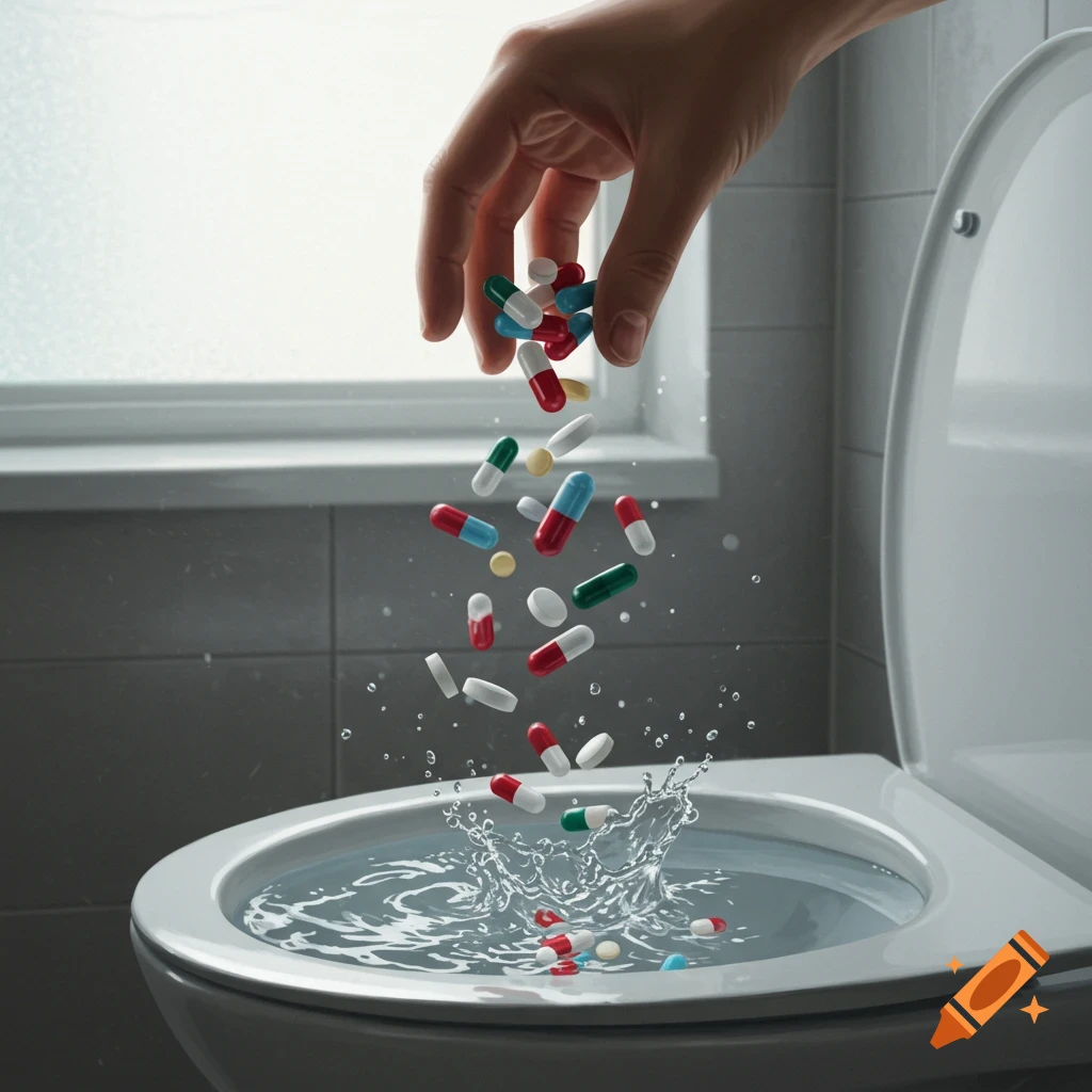 A photorealistic image of a hand pouring colorful pills into a toilet, causing water to splash.