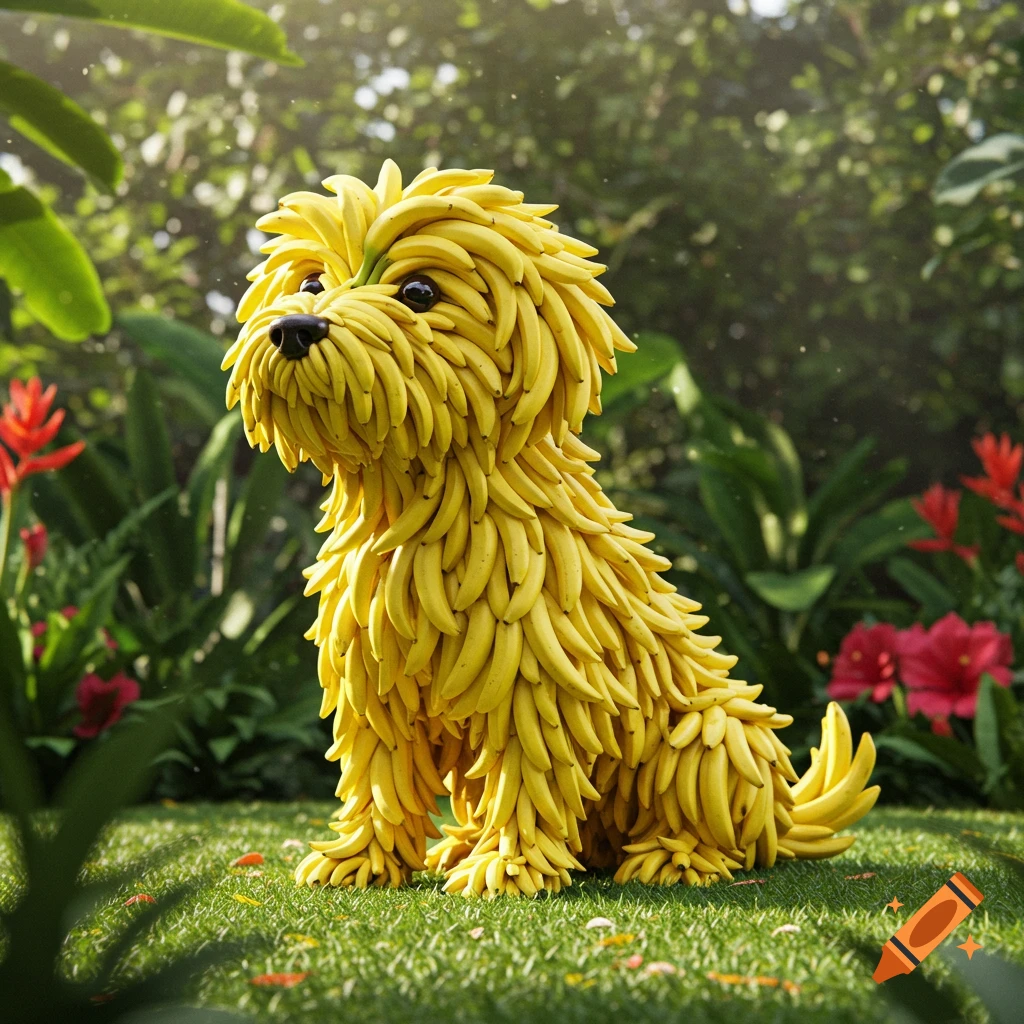 A photorealistic sculpture of a dog made entirely of ripe bananas, sitting on green grass in a lush garden with red flowers.