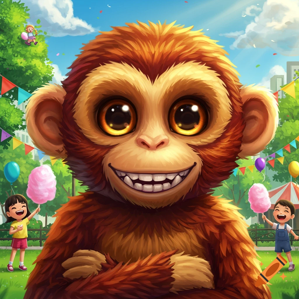 Vibrant cartoon illustration of a friendly monkey mascot smiling in a park with happy children holding cotton candy.