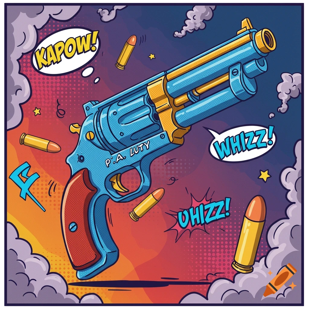 A vibrant cartoon illustration of a blue and gold revolver with scattered bullets, smoke, and comic book sound effects like 'KAPOW!' and 'WHIZZ!'.