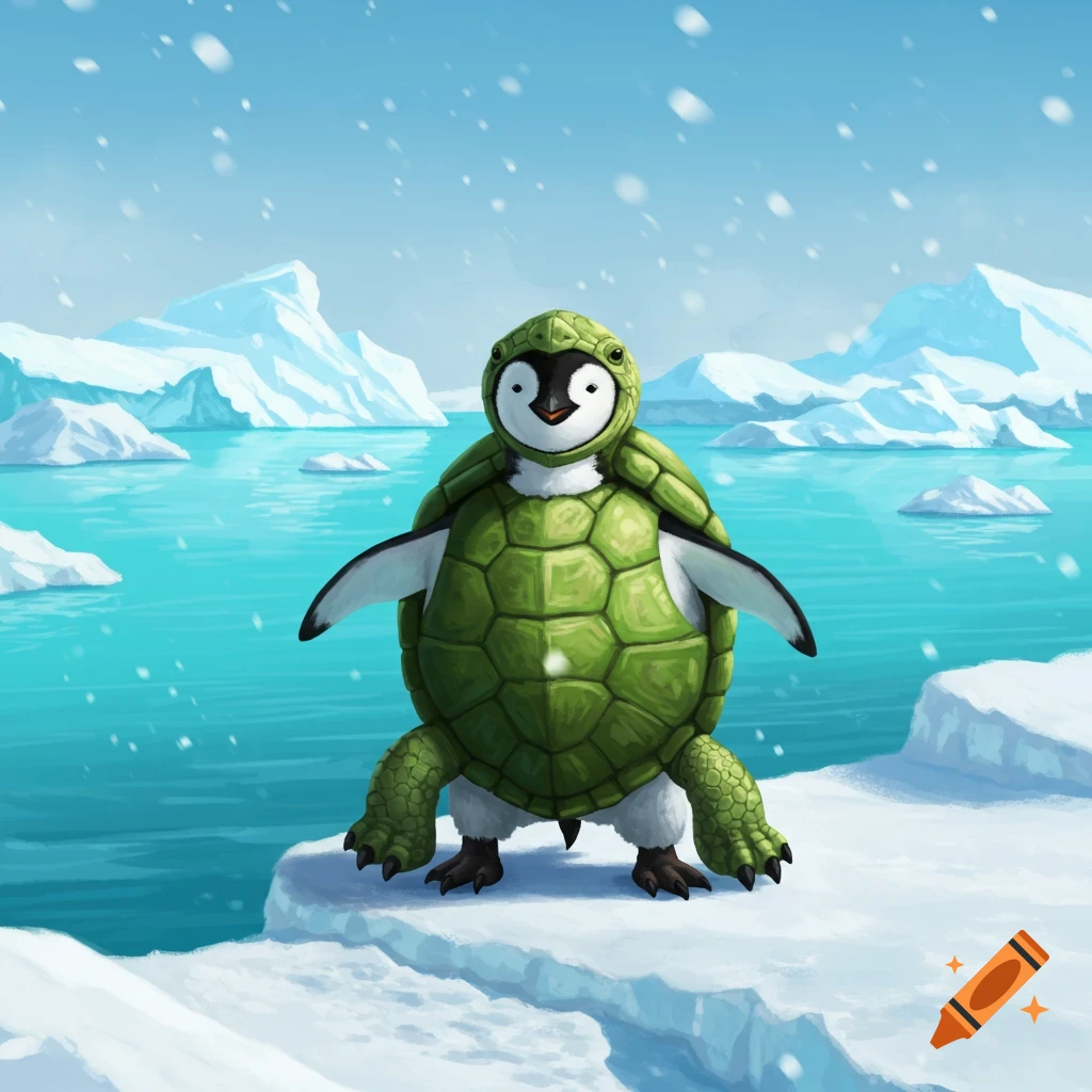 A cute penguin in a green turtle suit stands on an icy ledge in a snowy arctic landscape with blue water and icebergs.
