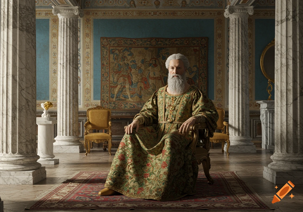 A white-bearded man in ornate green robes sits in a classical room with marble columns, a tapestry, and a patterned rug.