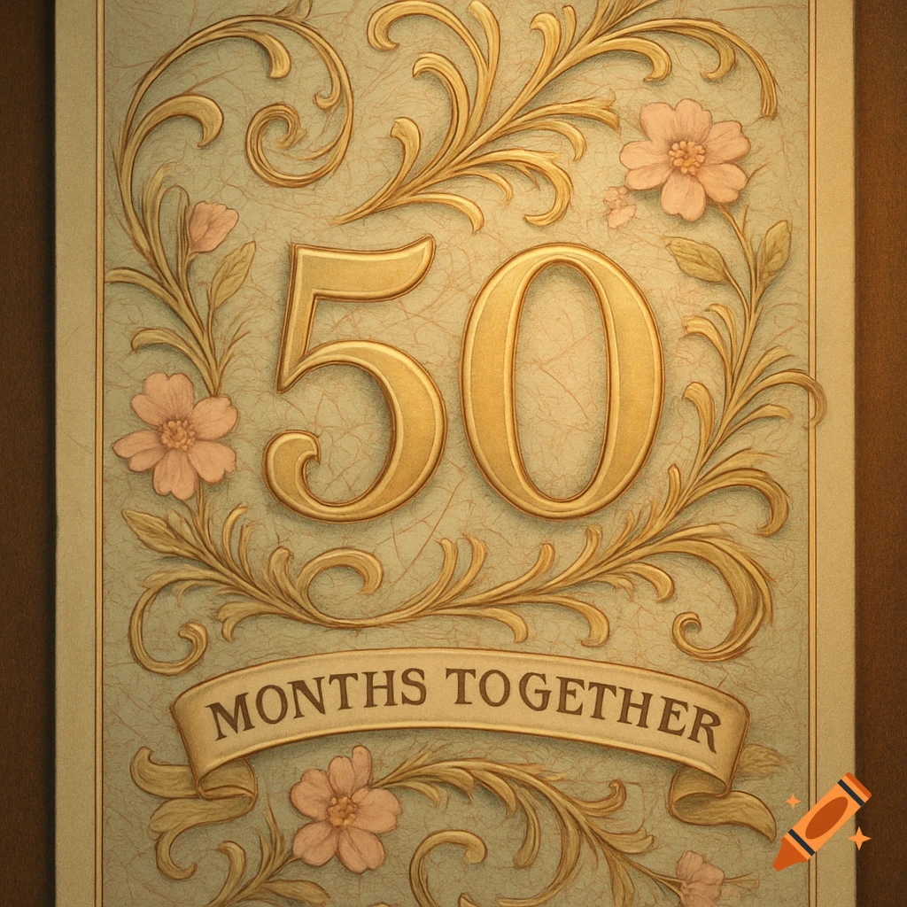 A decorative card with golden number 50 and text 'MONTHS TOGETHER' surrounded by filigree and pink flowers on a textured background.