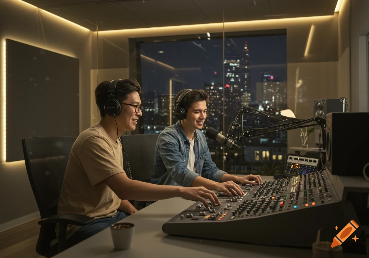 Two smiling young men in a modern audio studio at night, wearing headphones and operating a sound mixer and microphone.