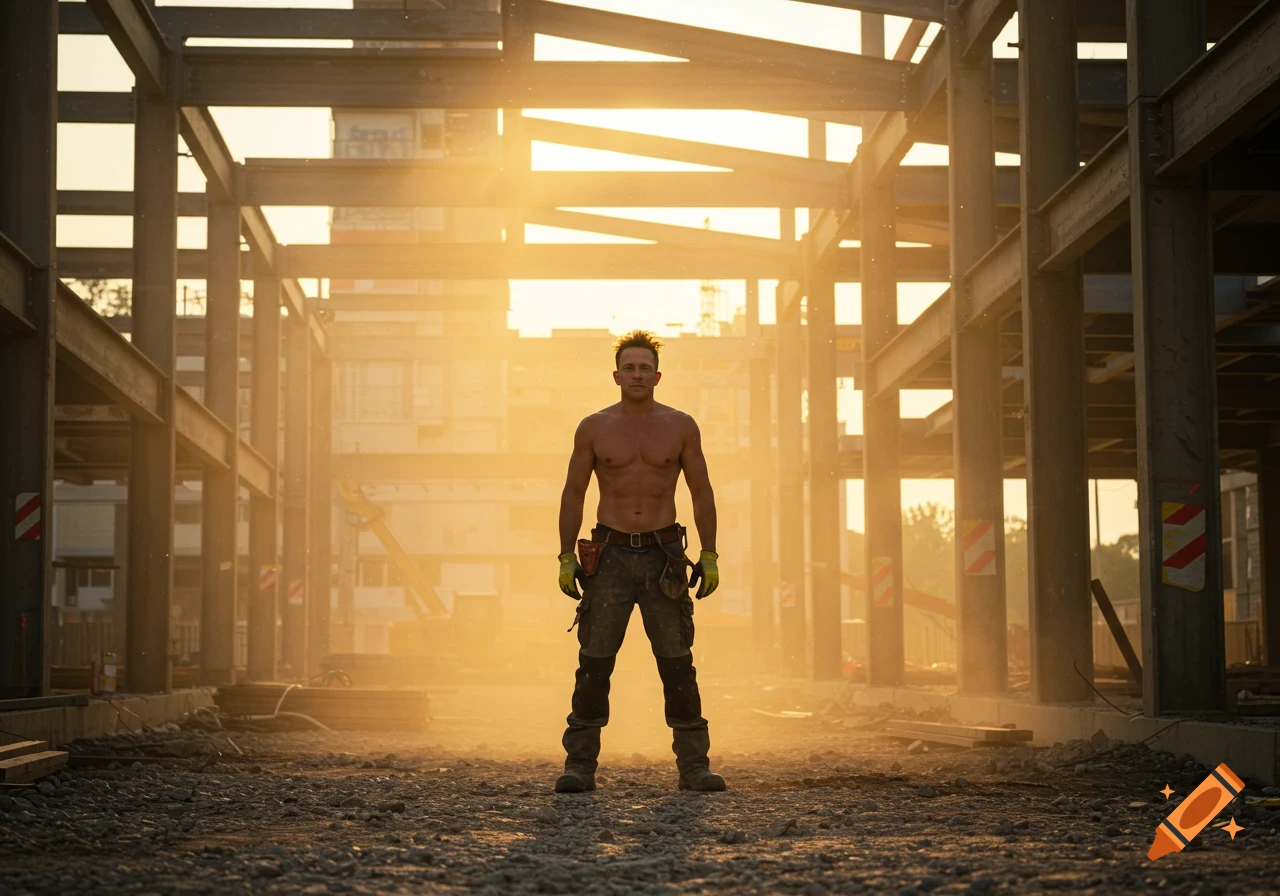 Muscular shirtless man in work gear stands on a dusty construction site at sunset, surrounded by steel beams.