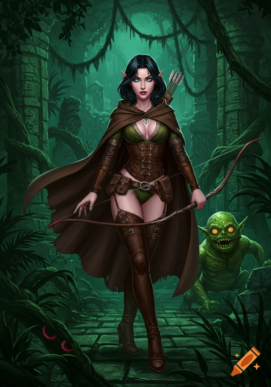 A beautiful dark-haired elf woman in a cloak, corset, and boots carries a longbow through a dark jungle dungeon, a green goblin-like creature lurks behind her.