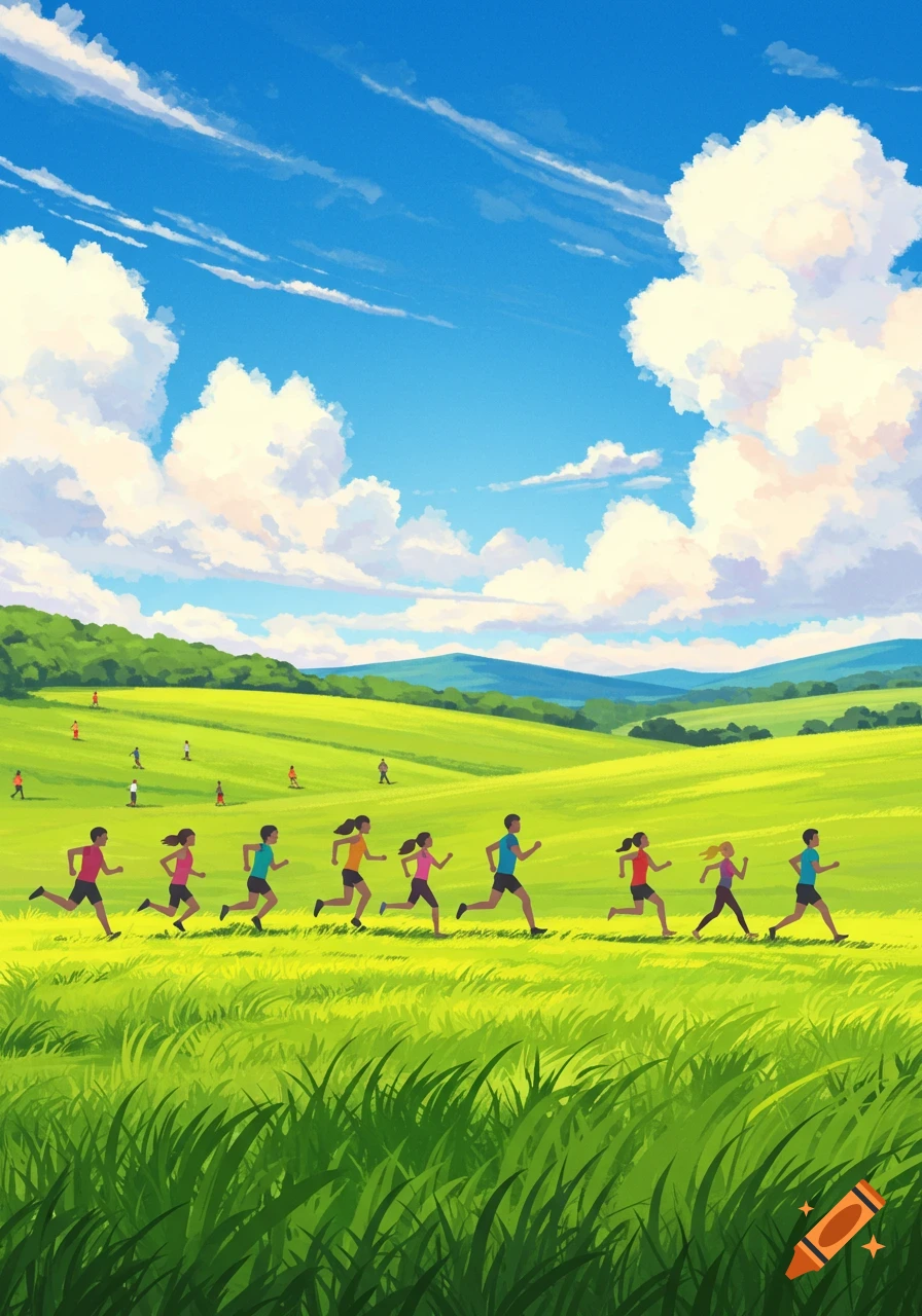 A vibrant illustration of many people running across a green grassy field under a bright blue sky with white clouds.