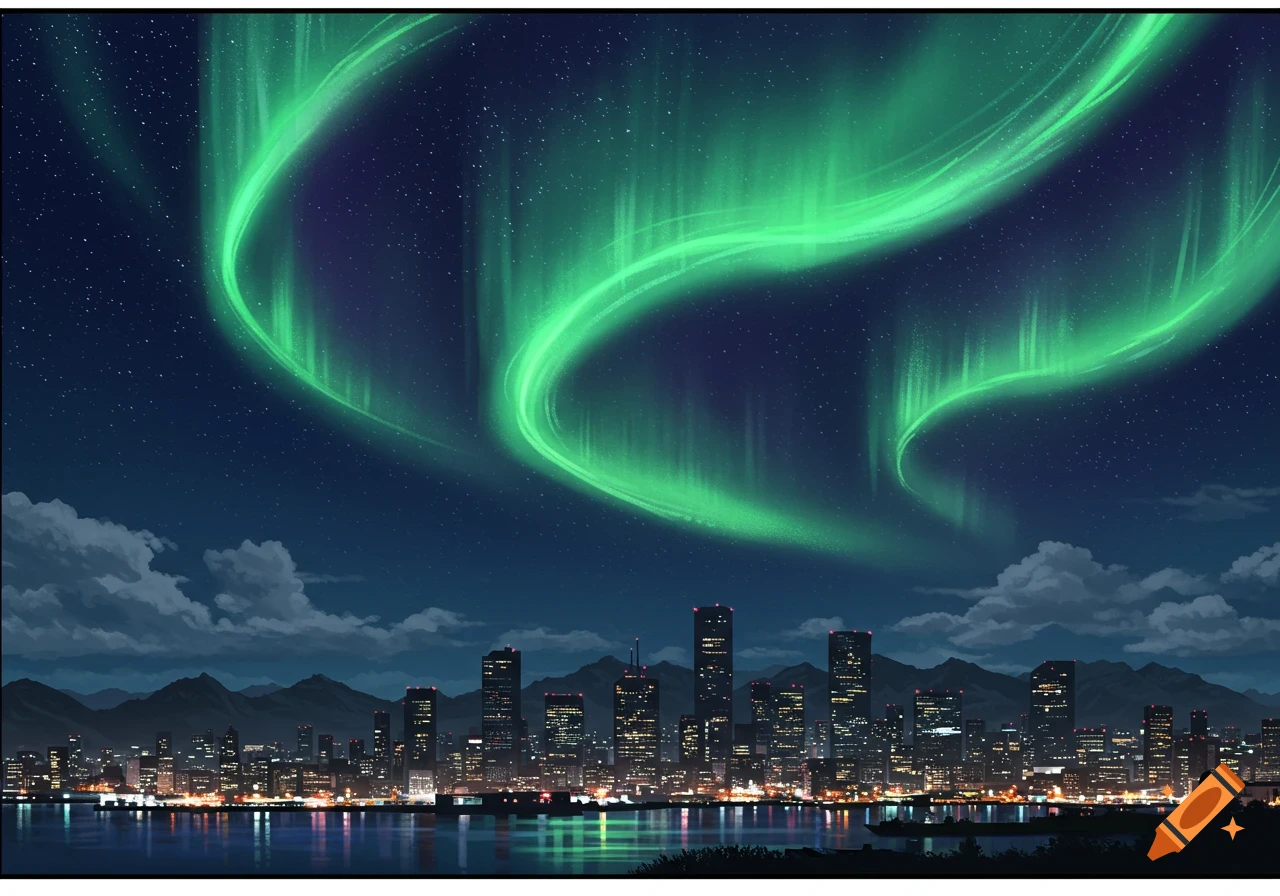 Anime-style night cityscape with vibrant green aurora borealis illuminating the sky above buildings and mountains, reflected in water.