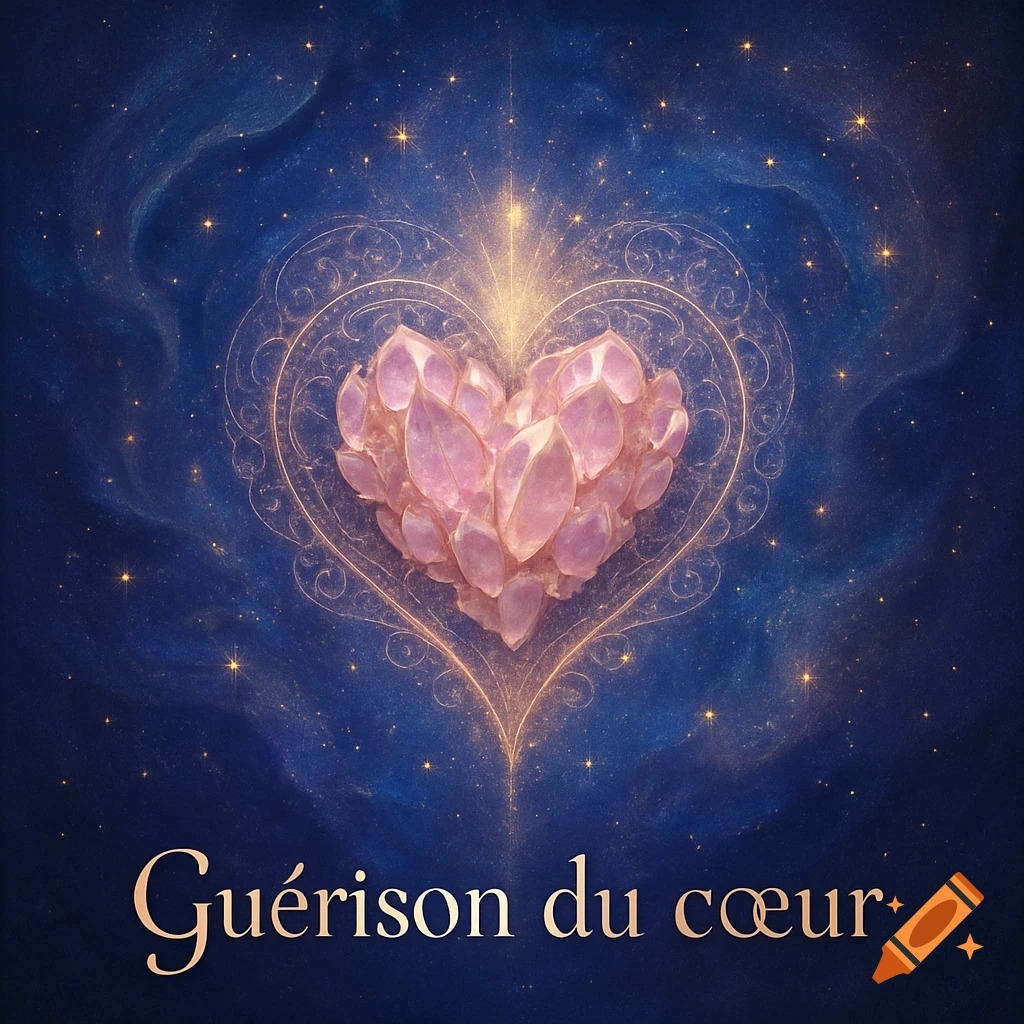 A glowing pink crystal heart with golden filigree against a starry blue sky, with the text 'Guérison du cœur'.