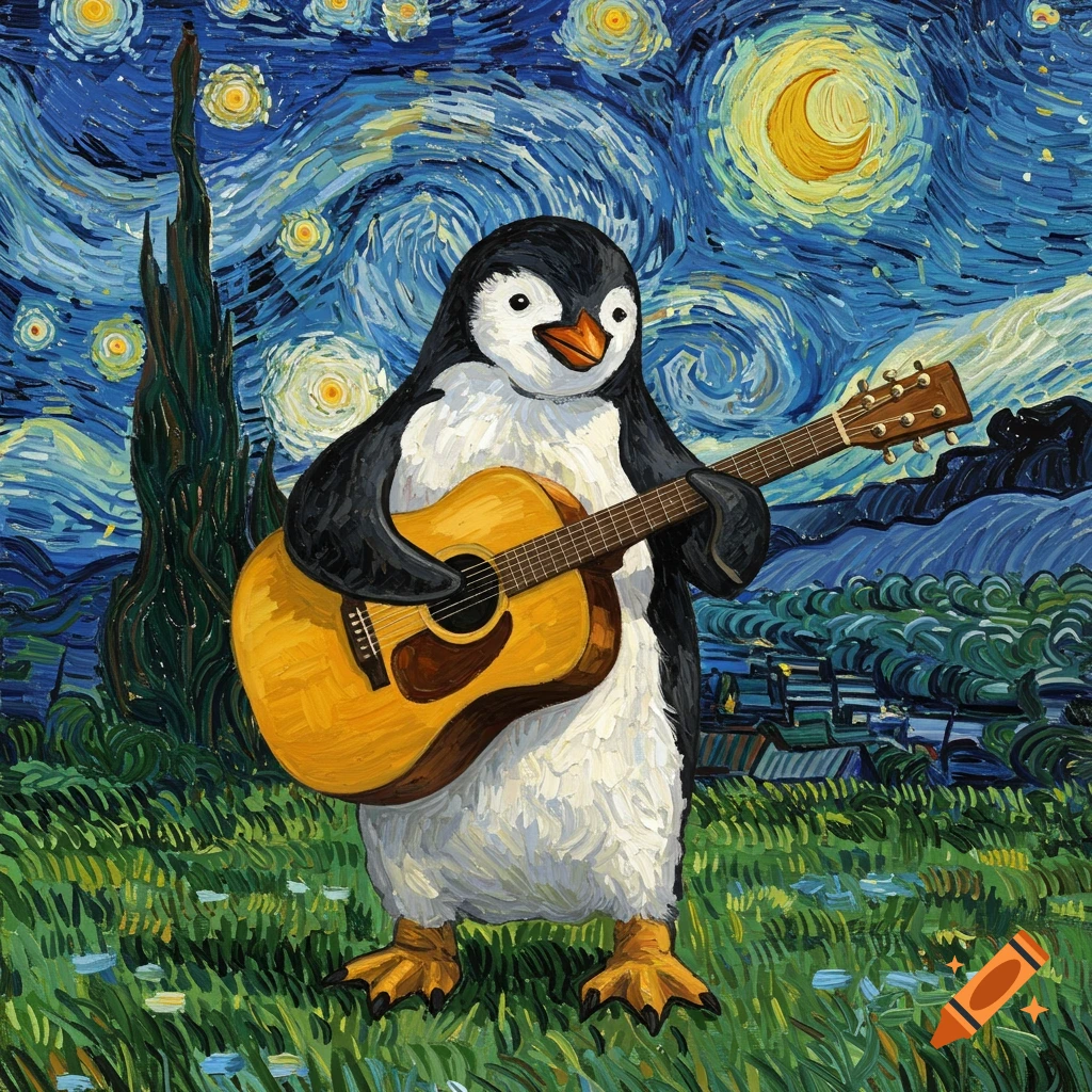 A penguin plays an acoustic guitar in a grassy field under a starry, swirling night sky, in the style of Van Gogh.